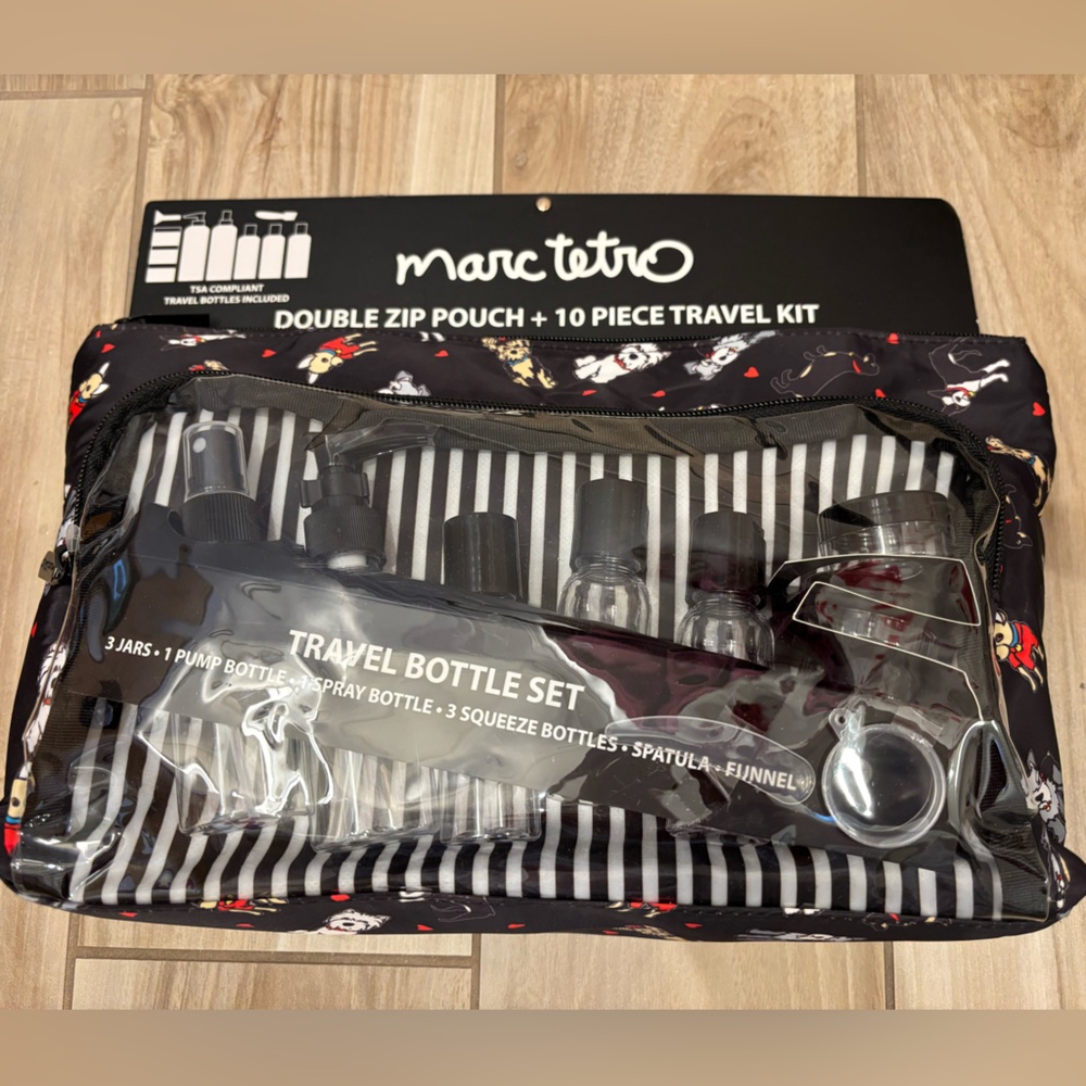 NWT Marc Tetro Pop Art dog 10 pc Travel Bottle Set with zip Pouch